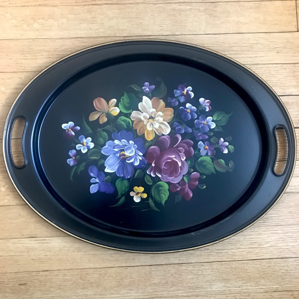 Hand painted floral black metal serving tray Vtg